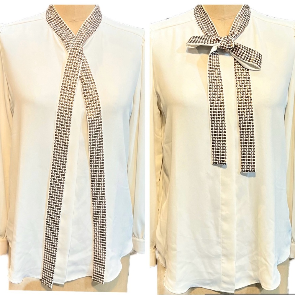 Ann Taylor bow tie blouse gold bronze sparkly sequin fancy professional elegant‎
